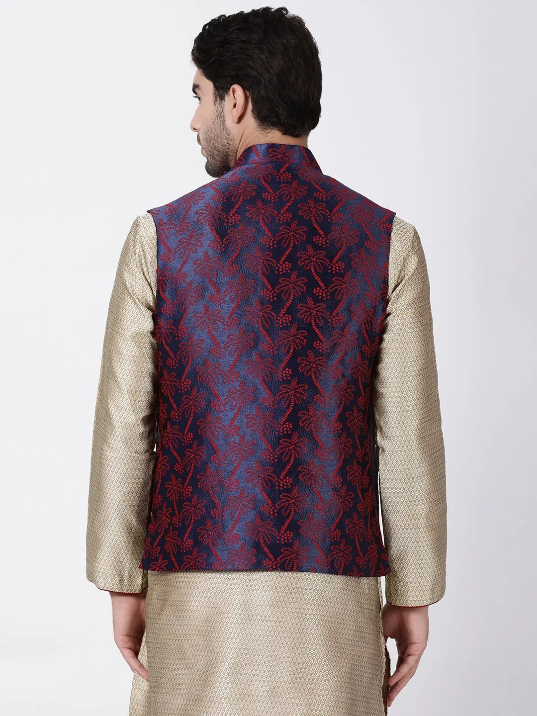 VASTRAMAY Men's Dark Blue and Maroon Cotton Silk Blend Ethnic Jacket