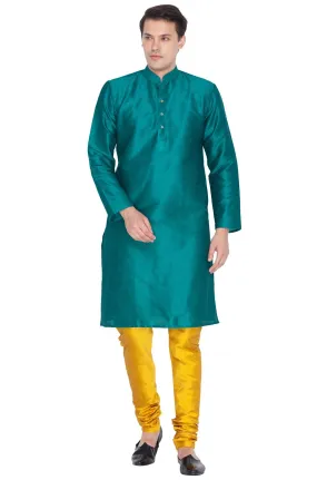 VM BY VASTRAMAY Men's Green Cotton Silk Blend Kurta and Pyjama Set