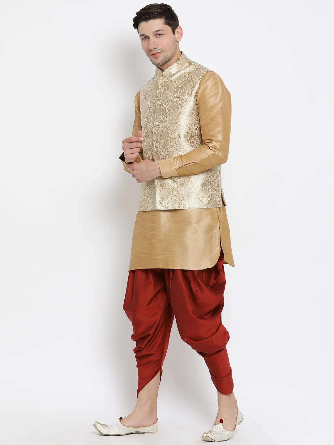 VM By VASTRAMAY Men's Rose Gold Jacquard Jacket With Kurta Dhoti Set