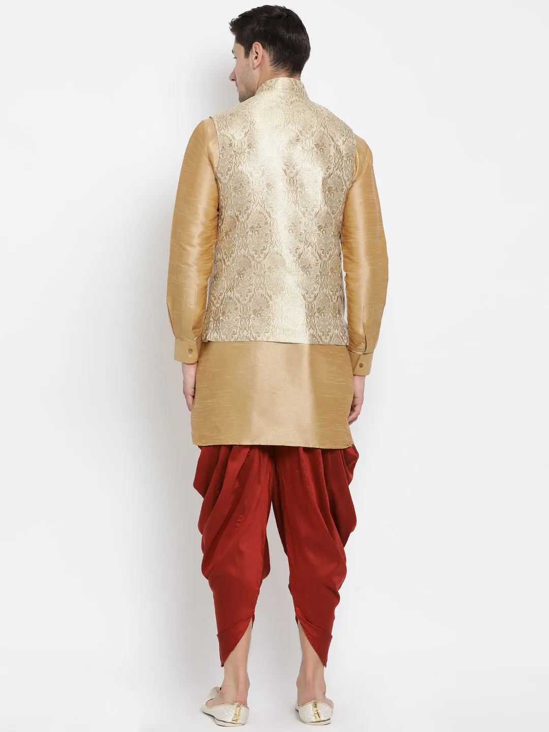 VM By VASTRAMAY Men's Rose Gold Jacquard Jacket With Kurta Dhoti Set