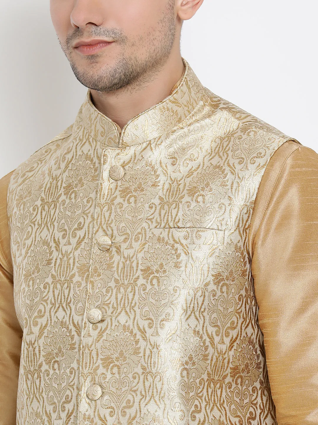 VM By VASTRAMAY Men's Rose Gold Jacquard Jacket With Kurta Dhoti Set