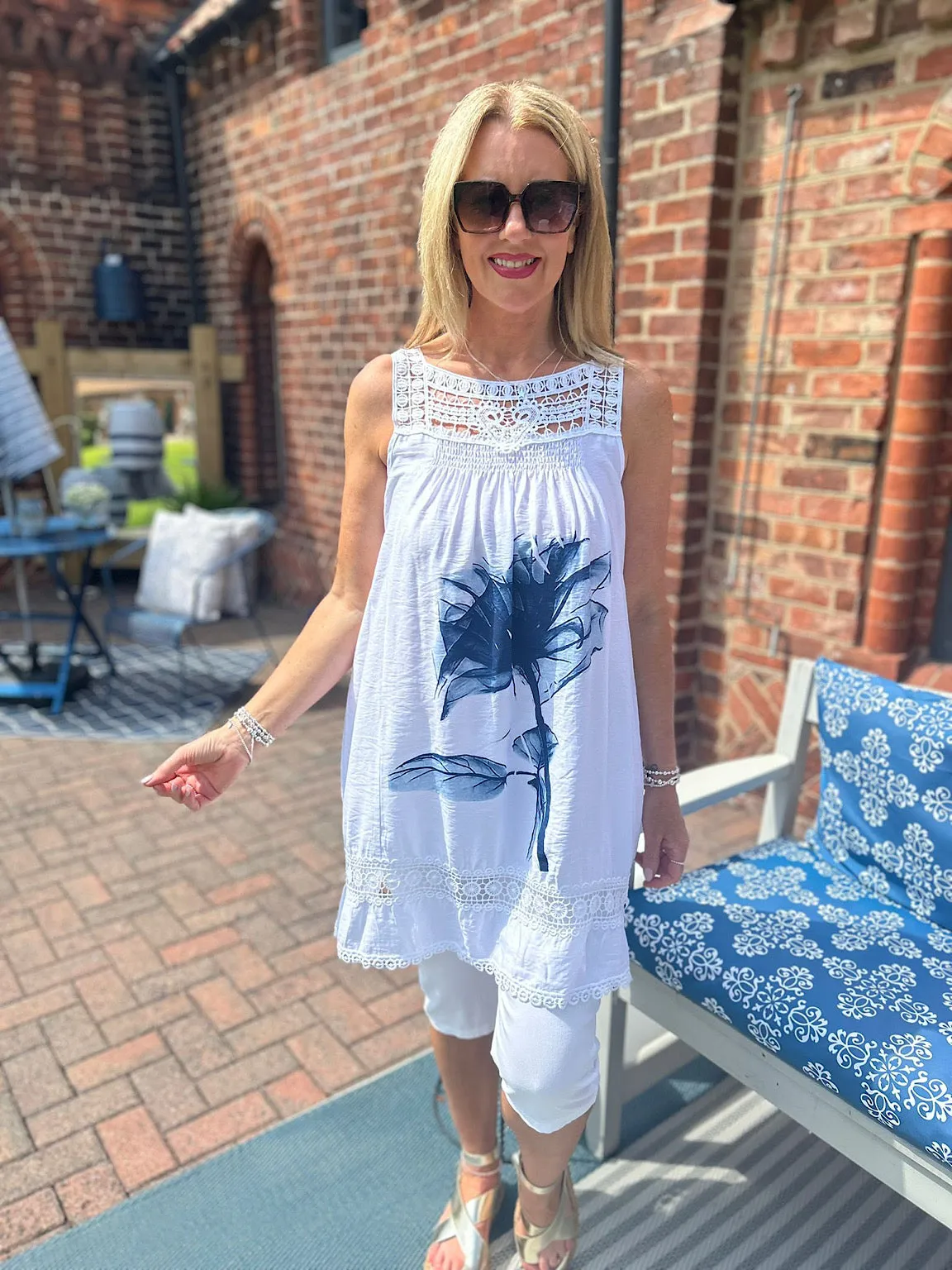 White & Navy Crochet Detail Flower Print Dress Mandy