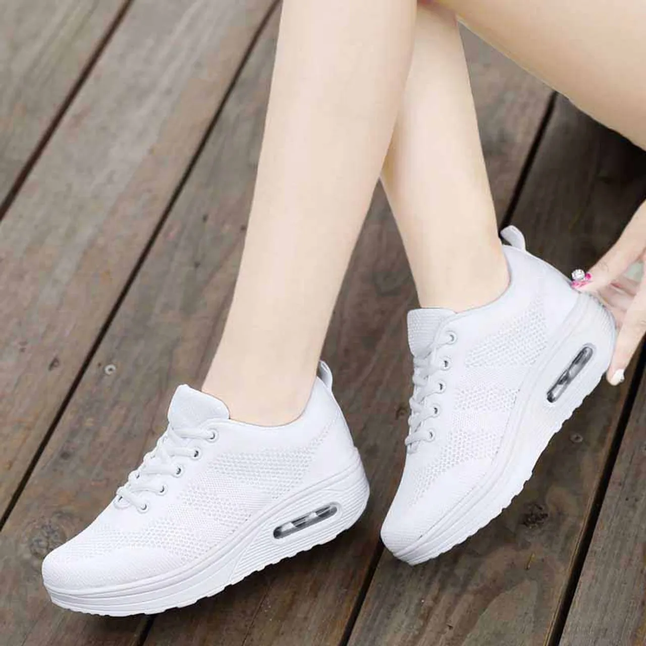 White plain flyknit rocker bottom shoe sneaker