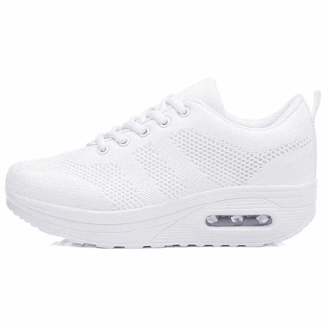 White plain flyknit rocker bottom shoe sneaker