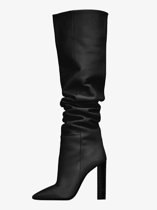 Women Slouch Boots Khaki Pointed Toe Chunky Heel Knee High Boots