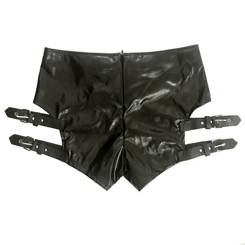 Women's Black Riveted Buckle Belted Nightclub Pole Dance Shorts