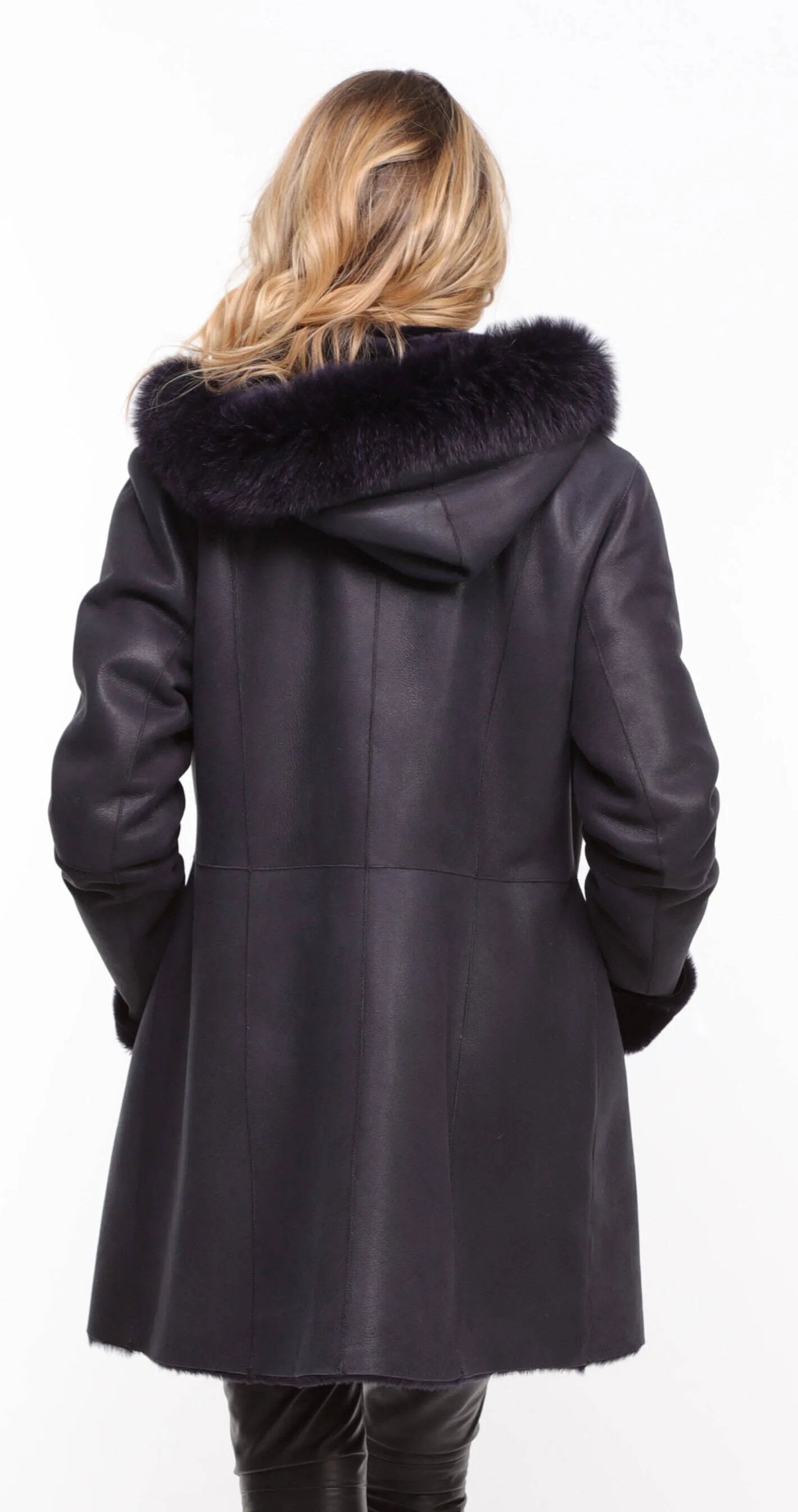 Women's navy \aurelia\ hooded sheepskin coat