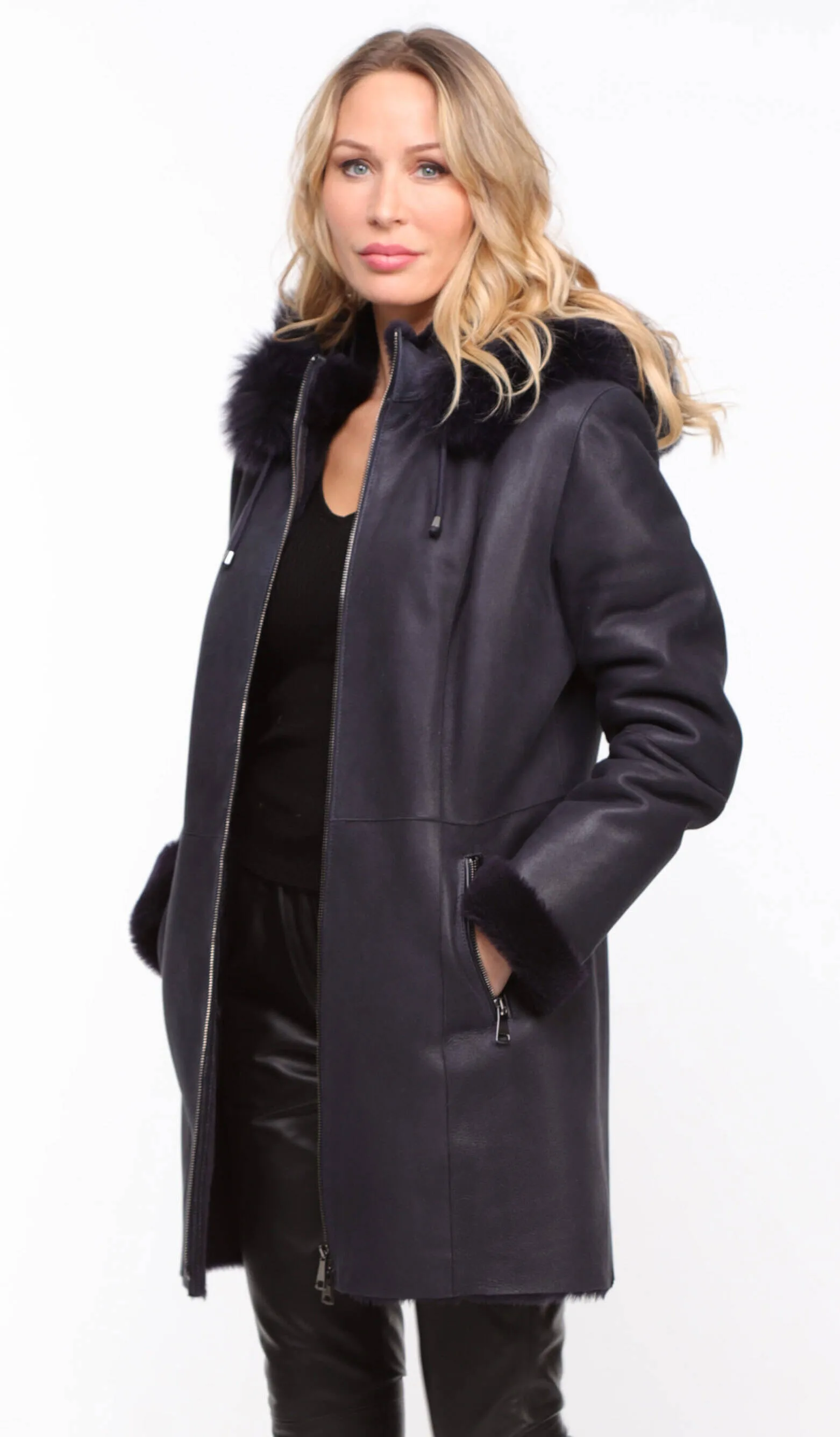 Women's navy \aurelia\ hooded sheepskin coat