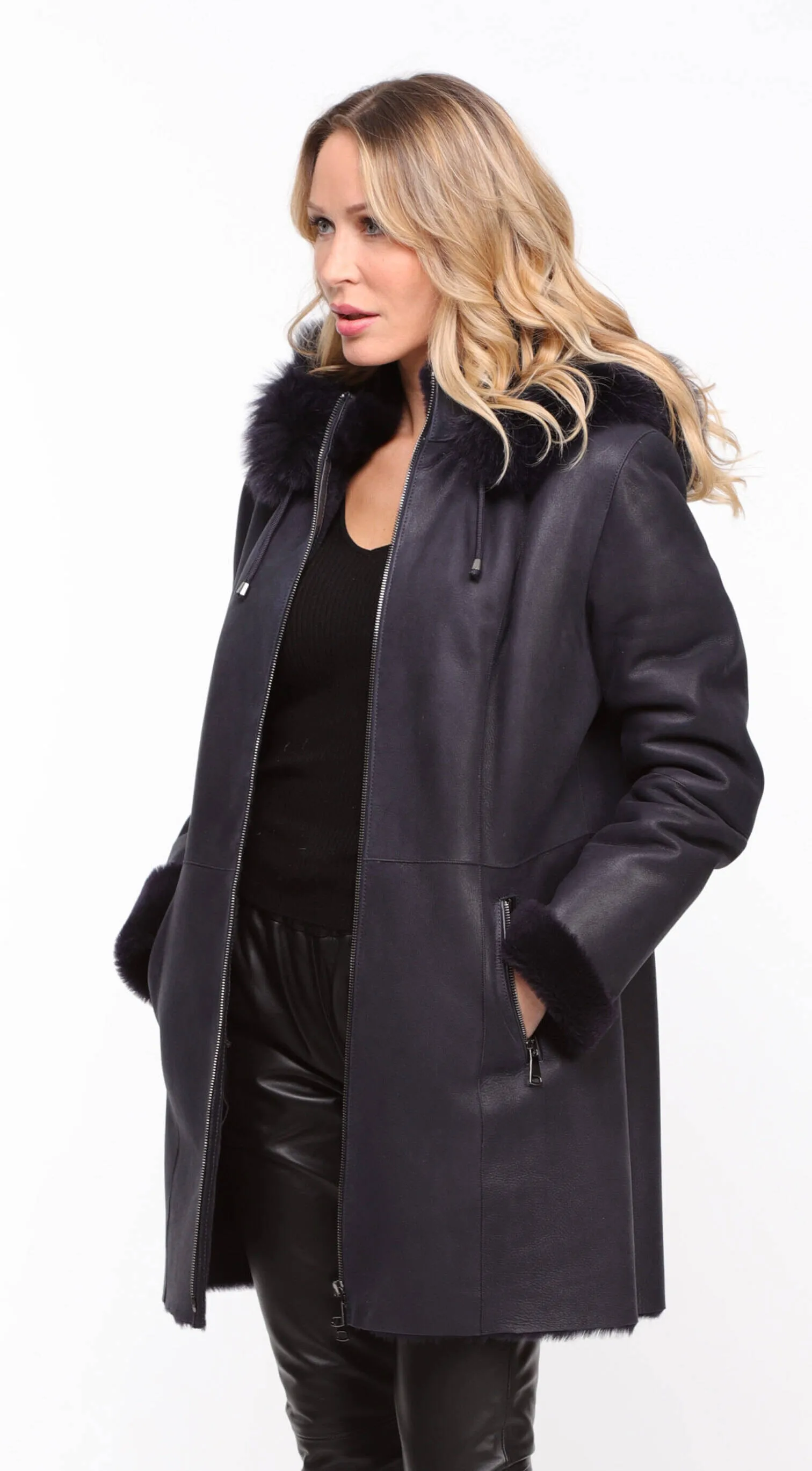 Women's navy \aurelia\ hooded sheepskin coat