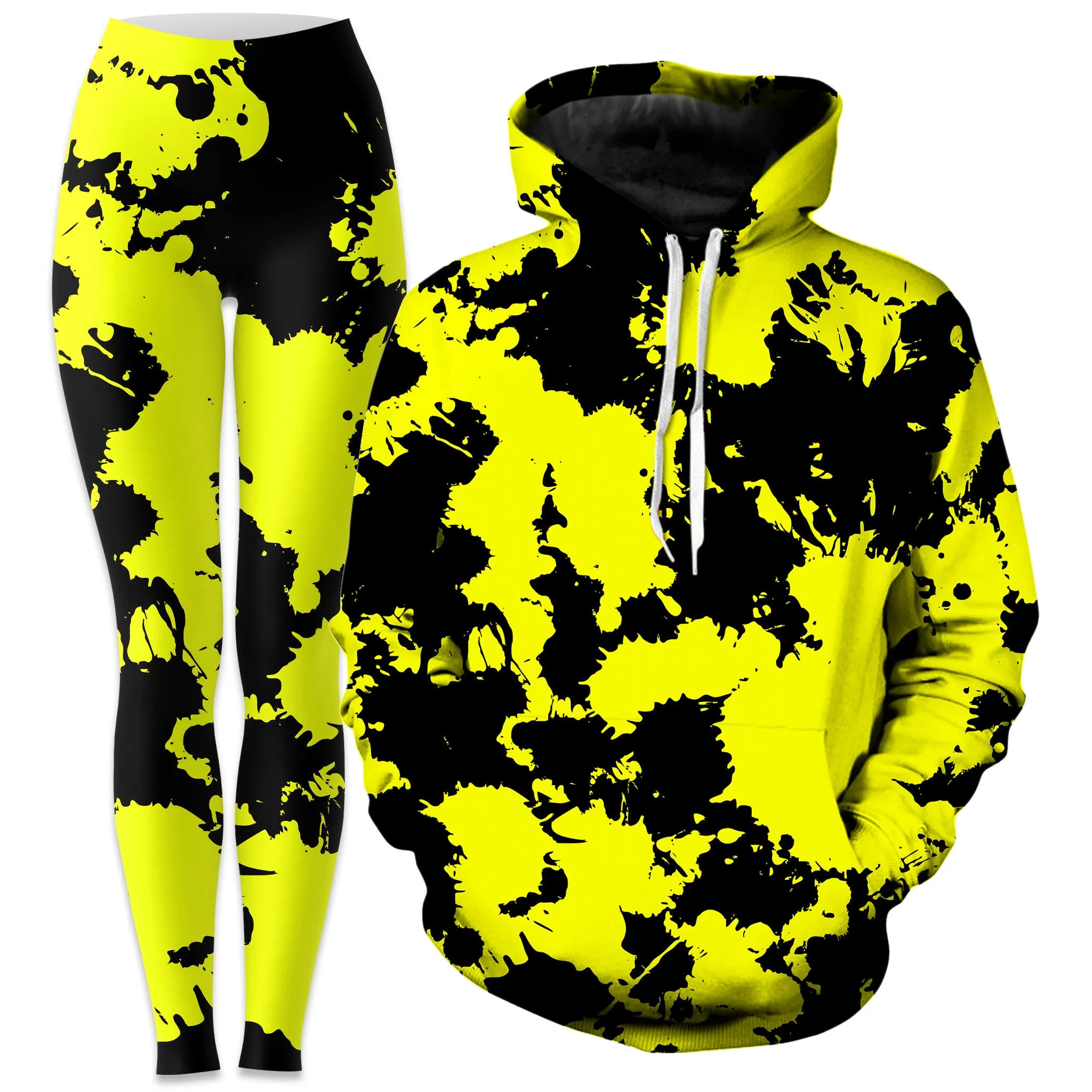 Yellow and Black Paint Splatter Hoodie and Leggings Combo