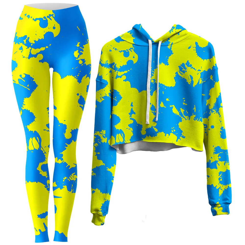 Yellow and Blue Paint Splatter Crop Hoodie and Leggings Combo